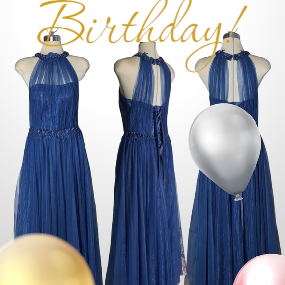 Luxury Designer Blue Beaded Embroidery Illusion Halter \ Ball Gown Blue Size S - Picture 11 of 16